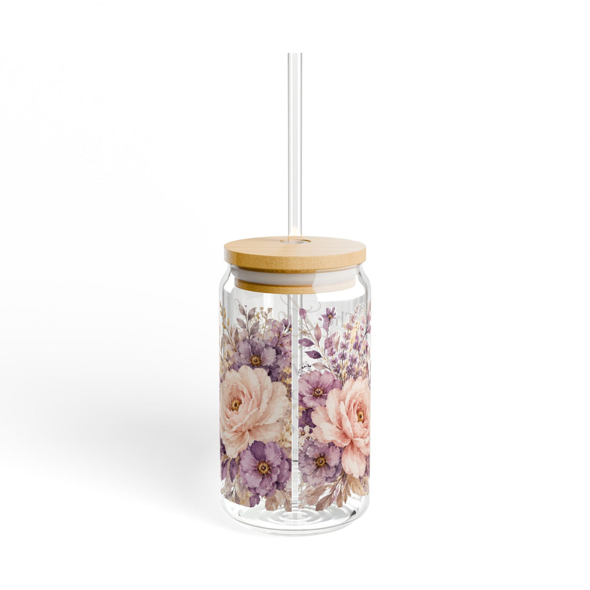 A clear glass tumbler with a bamboo lid and a clear straw, decorated with a watercolor floral pattern of pink and purple flowers, on a white background.