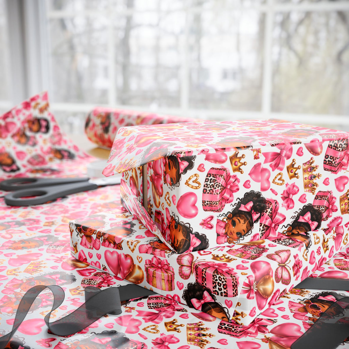 Pink Princess Wrapping Paper | Cute Bows Hearts Butterflies Gift Wrap