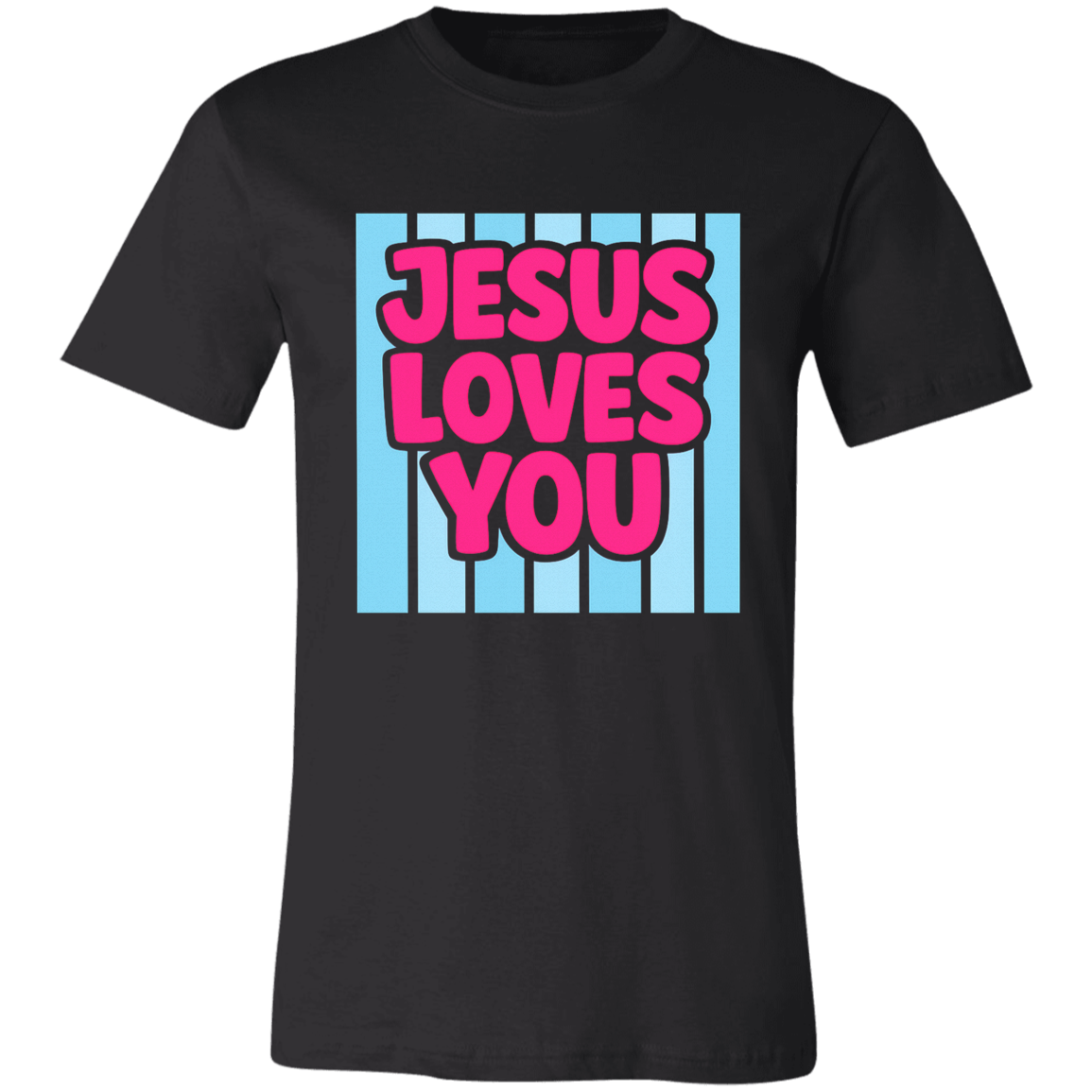 Black t-shirt with 'Jesus Loves You' text in pink and blue on a white background