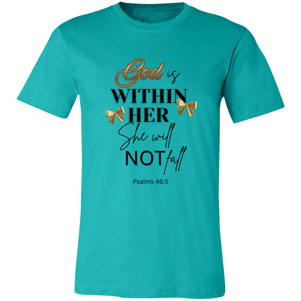Teal t-shirt with motivational quote on a white background