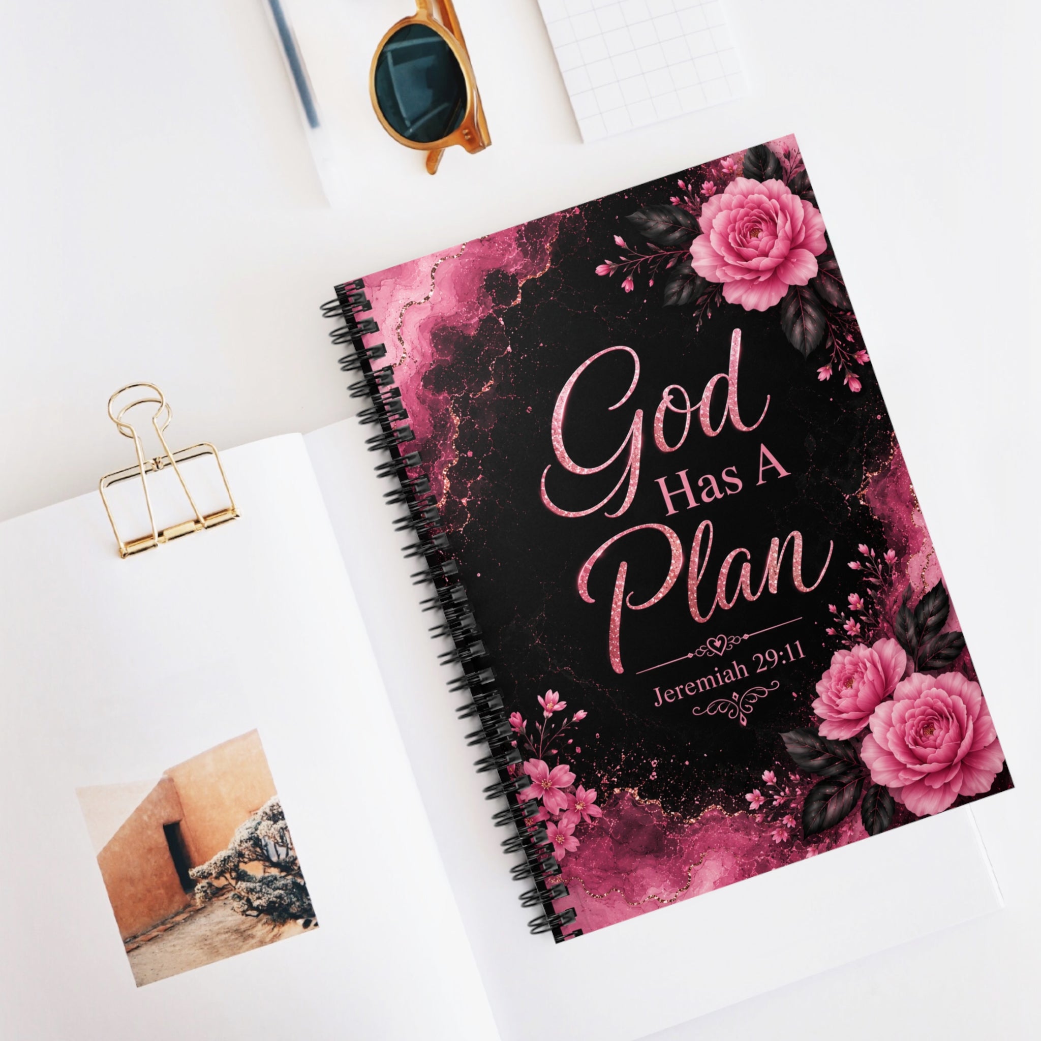 Personalized Spiral Notebook  — Christian Journal with Jeremiah 29:11 God has a plan, Floral Pink Cover