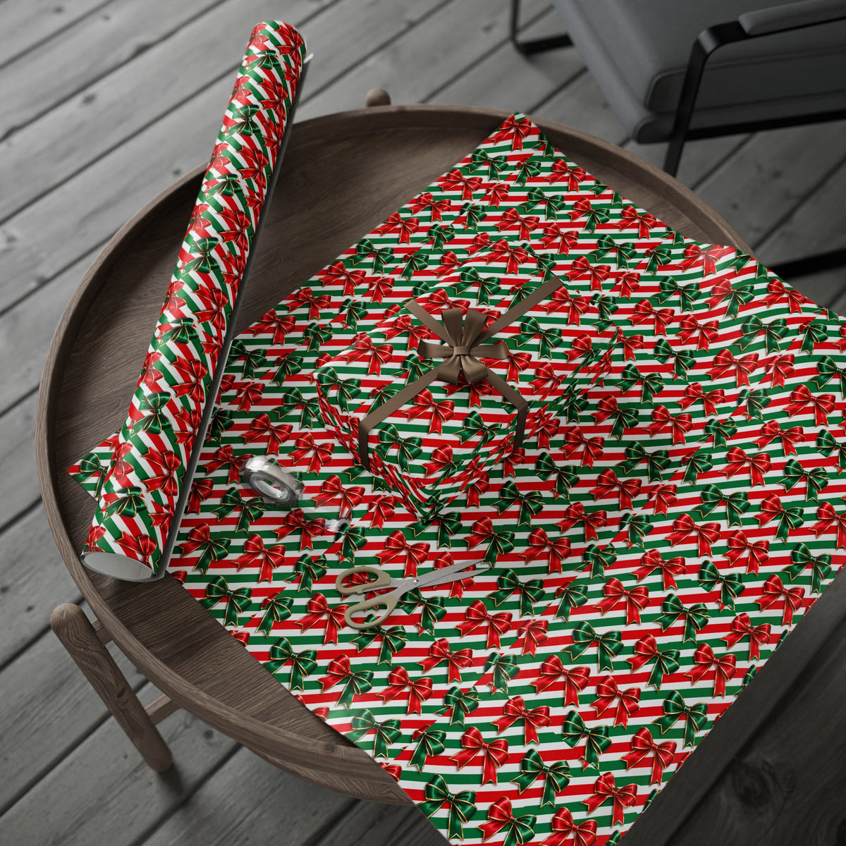Christmas Wrapping Paper Roll | Red Green Stripes & Bows Holiday Gift Wrap