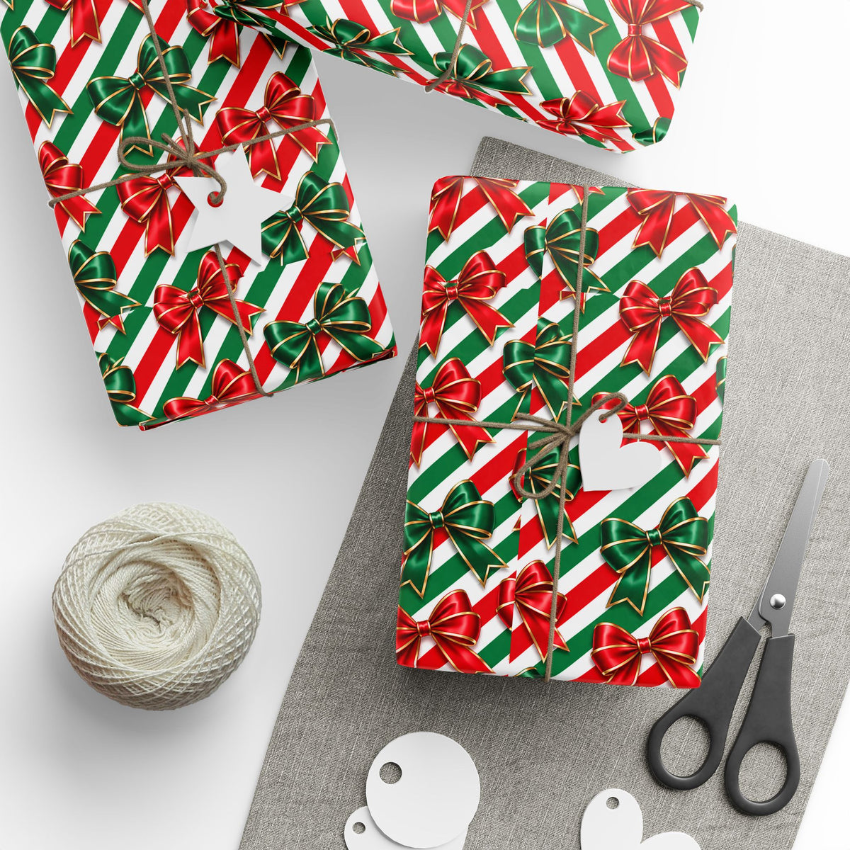 Christmas Wrapping Paper Roll | Red Green Stripes & Bows Holiday Gift Wrap