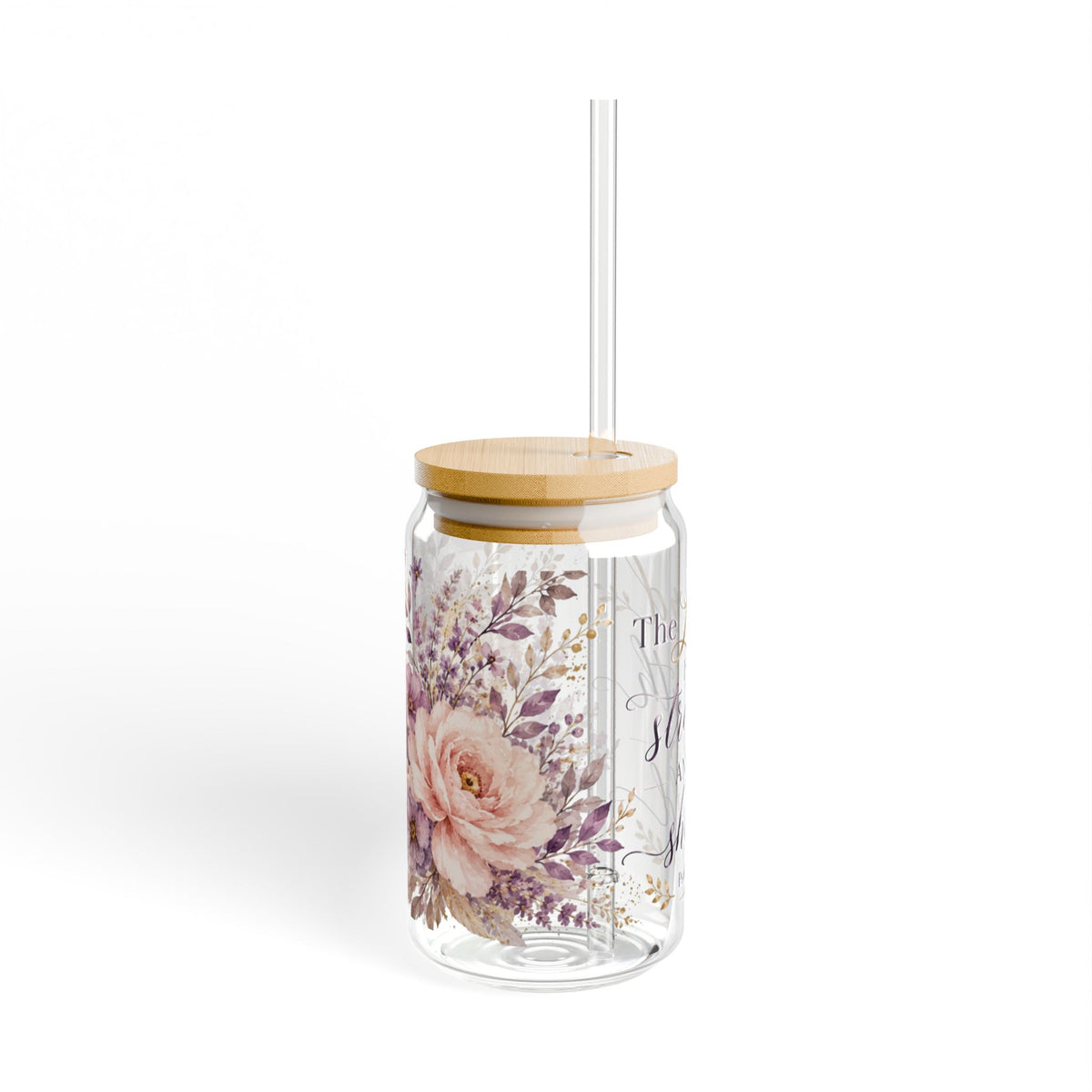 A clear glass tumbler with a light wood lid and a clear straw, decorated with a pink rose and purple floral pattern on the front, set against a plain white background.