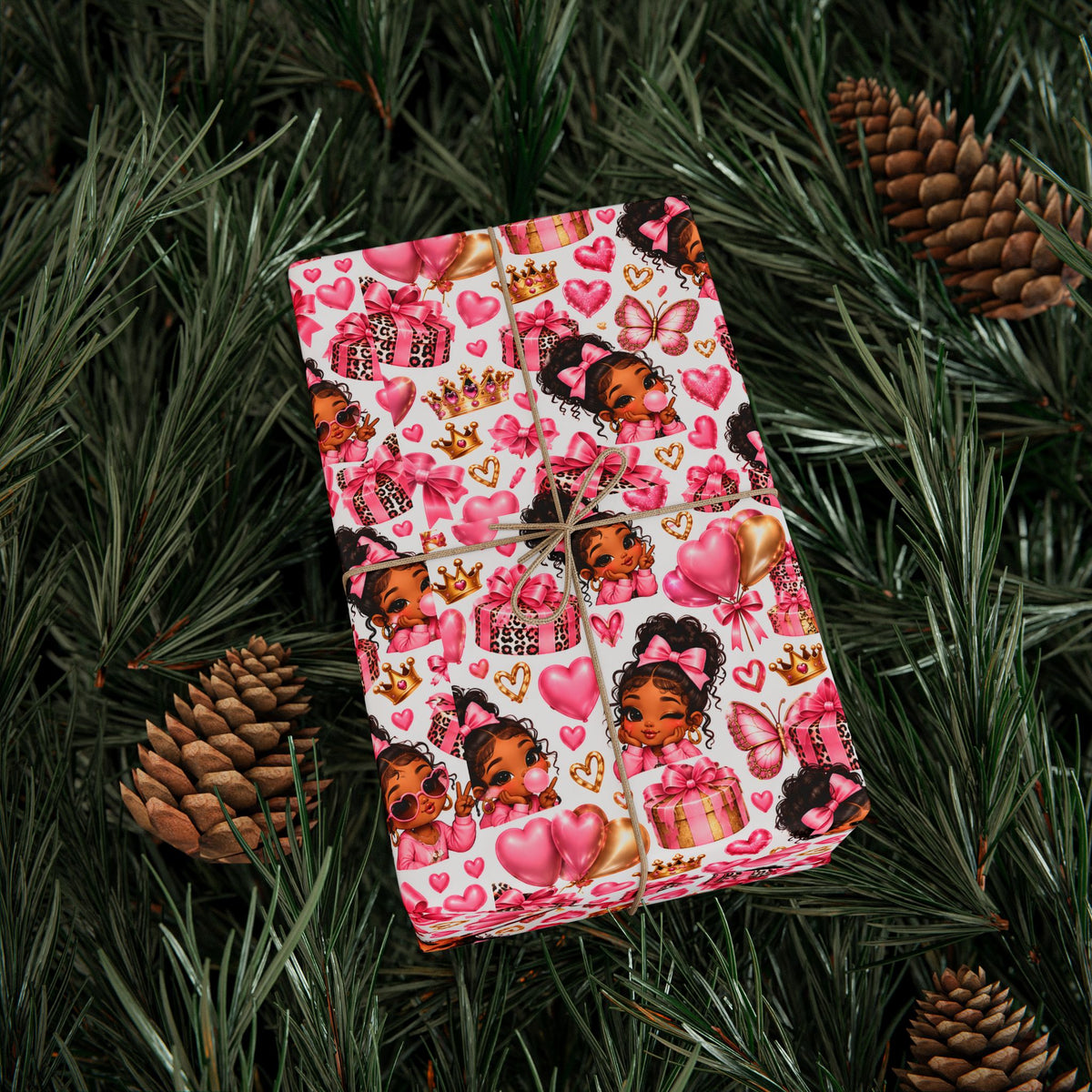 Pink Princess Wrapping Paper | Cute Bows Hearts Butterflies Gift Wrap
