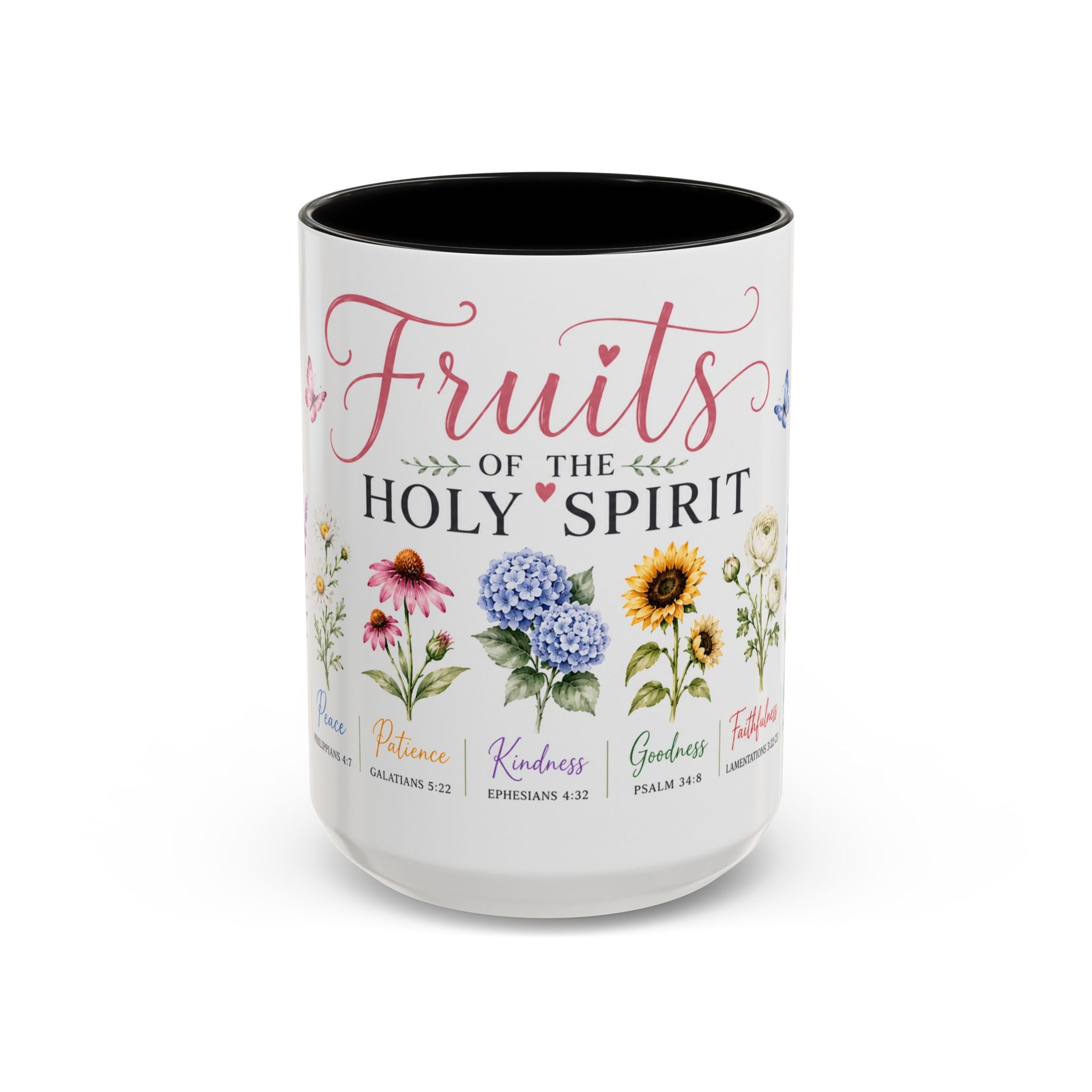 15 oz Mug with floral designs and text about the fruits of the Holy Spirit on a white background