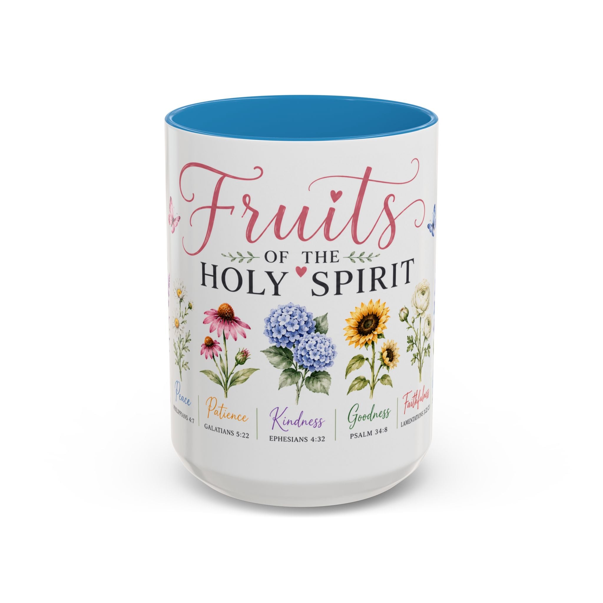 15 oz Mug with 'Fruits of the Holy Spirit' text and floral illustrations on a white background