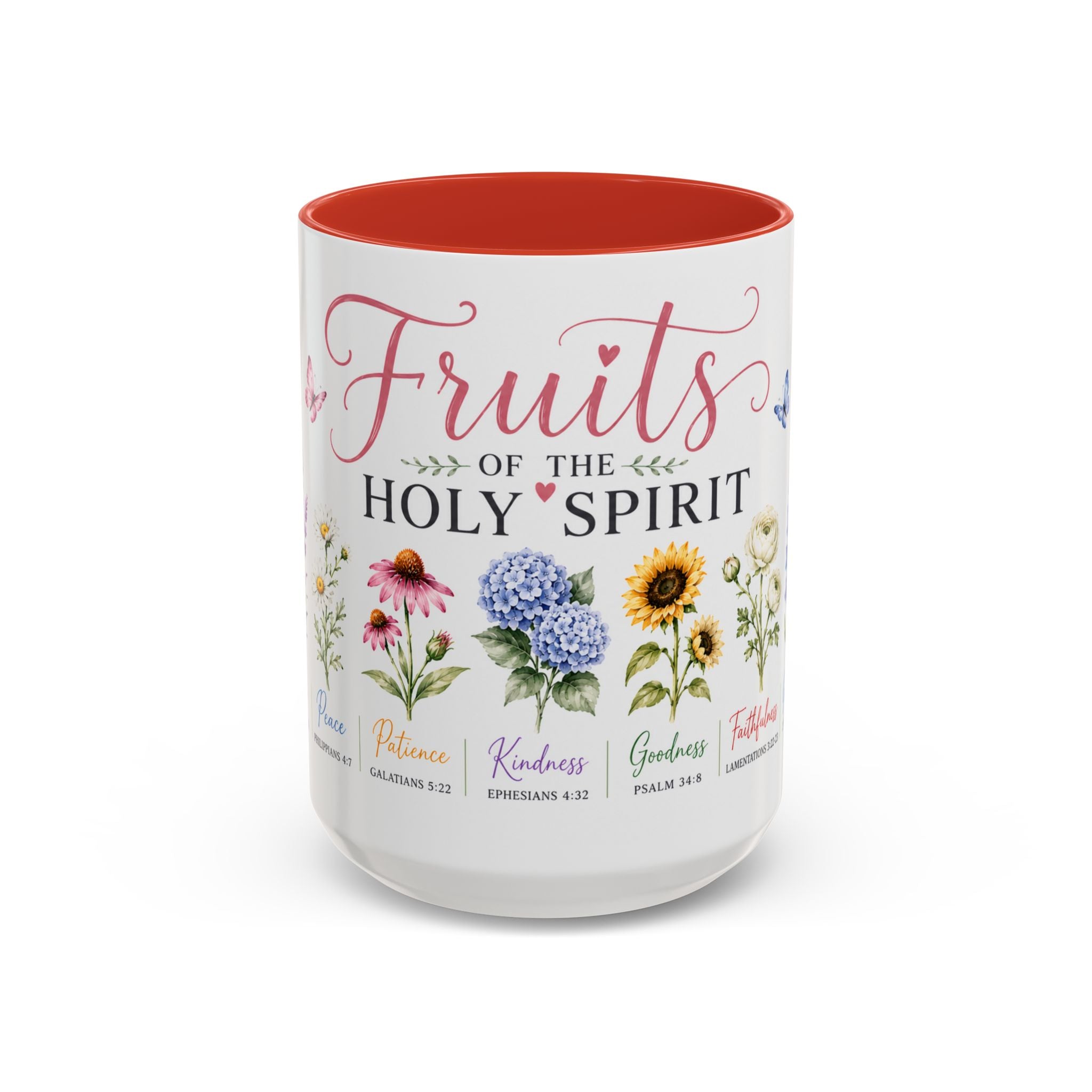 15 oz Mug with floral designs and text about the fruits of the Holy Spirit on a white background