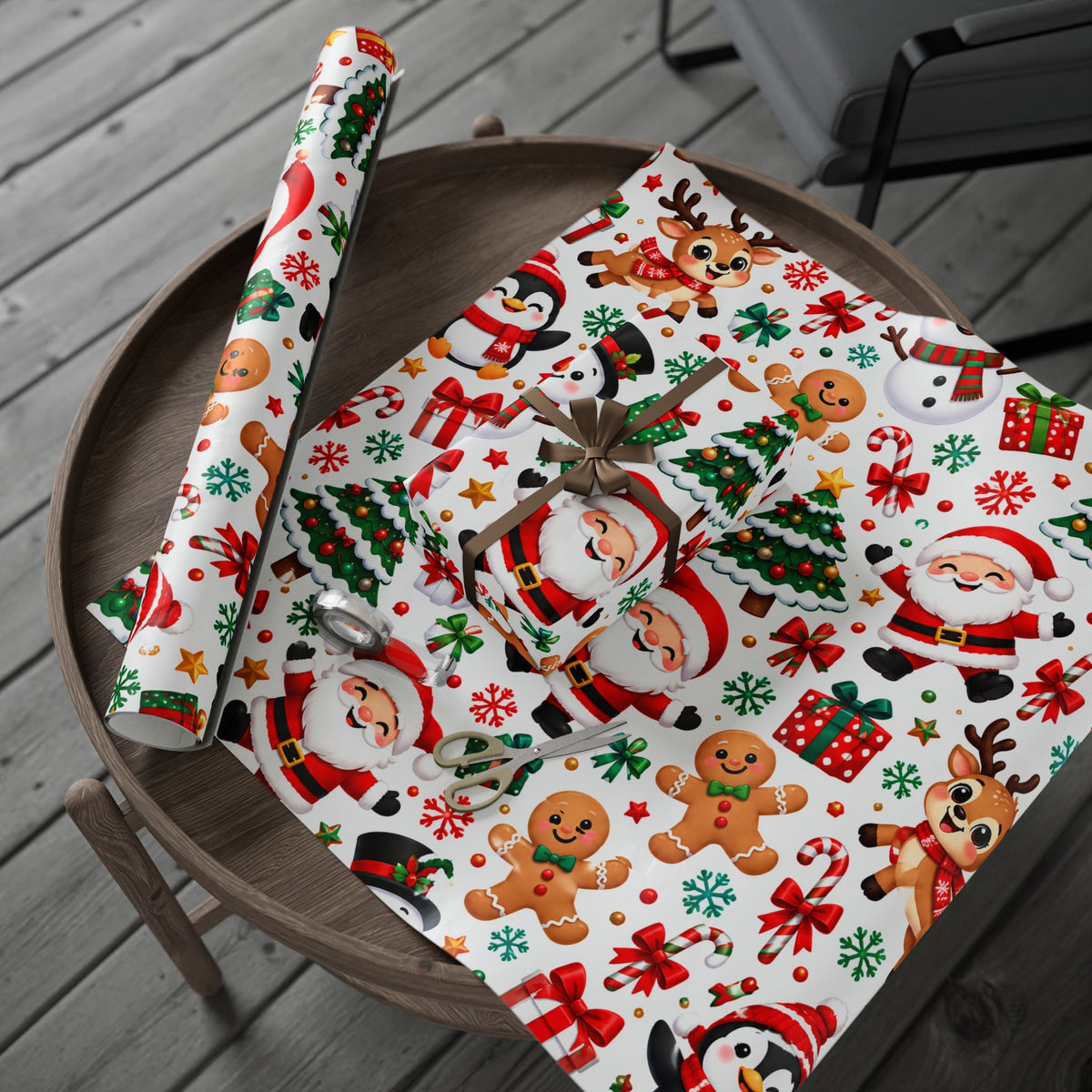 Christmas Wrapping Paper Roll | Santa Reindeer Snowman Penguin Gingerbread Holiday Gift Wrap