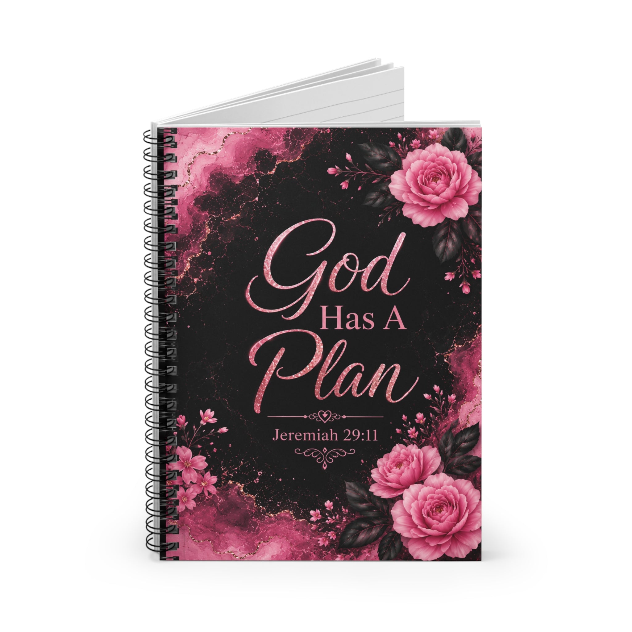 Personalized Spiral Notebook  — Christian Journal with Jeremiah 29:11 God has a plan, Floral Pink Cover