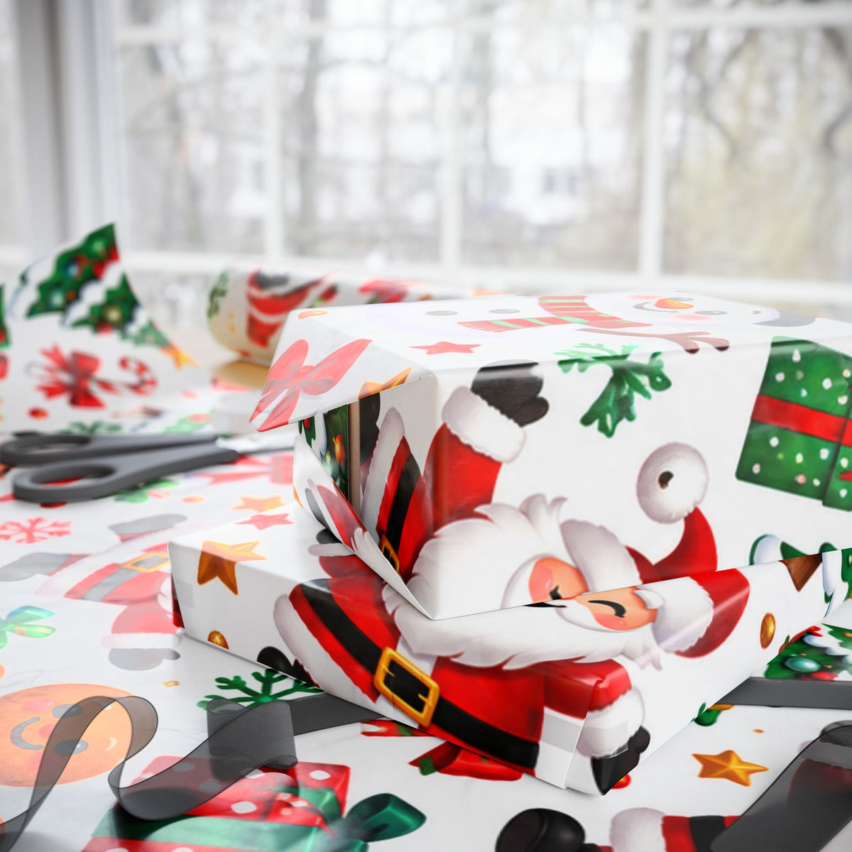 Christmas Wrapping Paper Roll | Santa Reindeer Snowman Penguin Gingerbread Holiday Gift Wrap