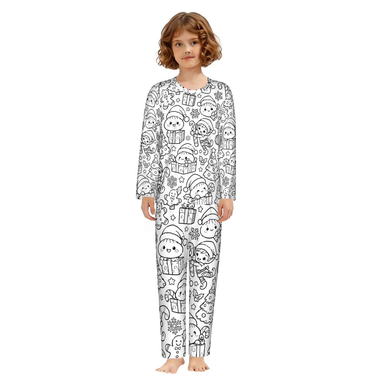 Kids Christmas Coloring Pajama Set – Cute Elf & Holiday Doodle Print, Long Sleeve Holiday PJs, Christmas Gift for Kids