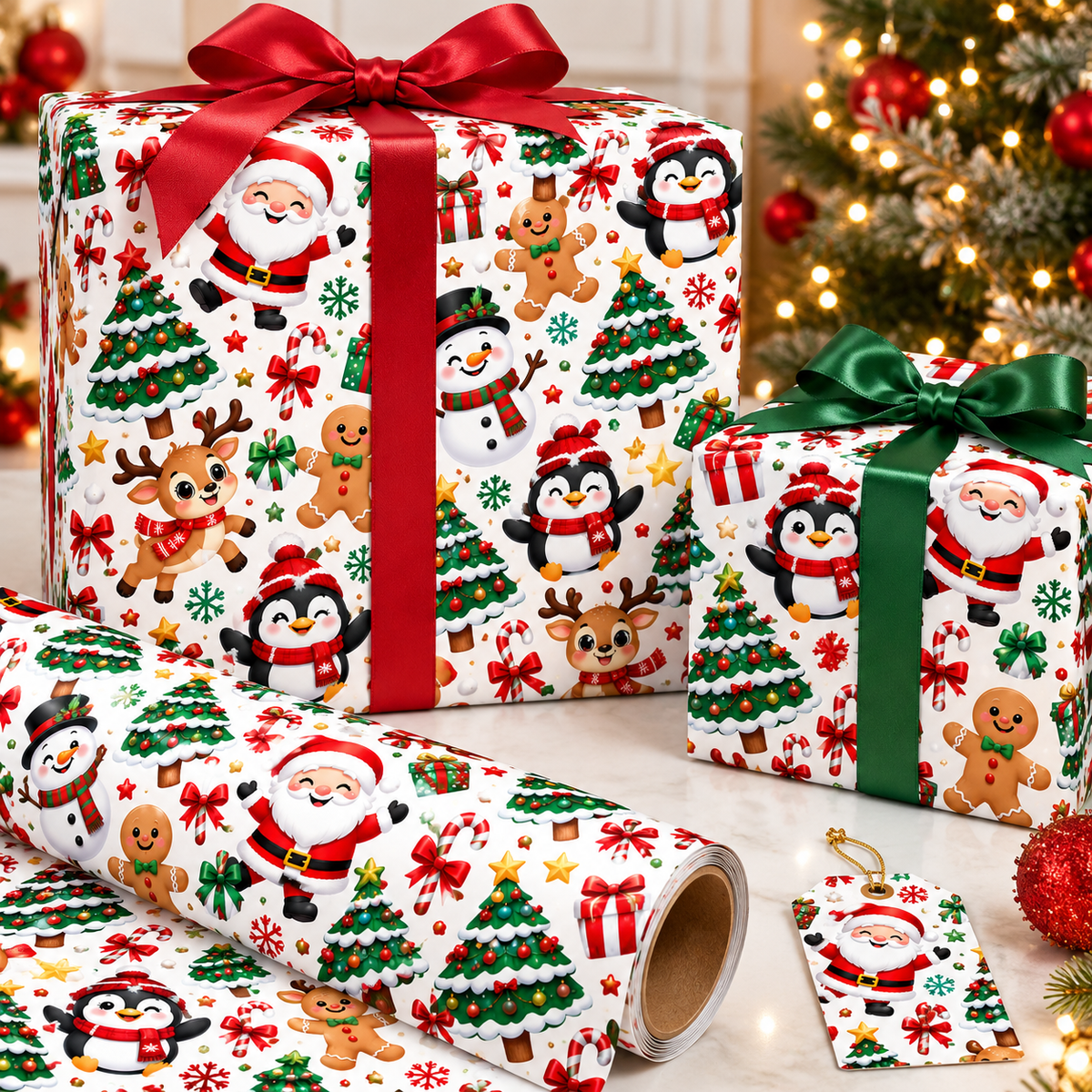 Christmas Wrapping Paper Roll | Santa Reindeer Snowman Penguin Gingerbread Holiday Gift Wrap