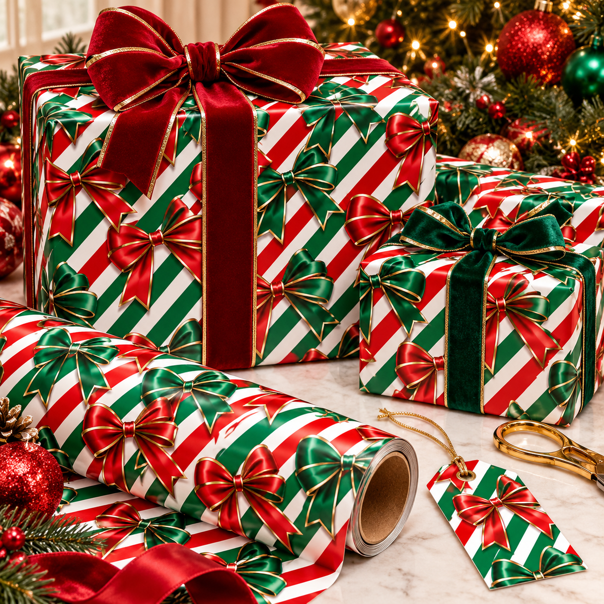 Christmas Wrapping Paper Roll | Red Green Stripes & Bows Holiday Gift Wrap