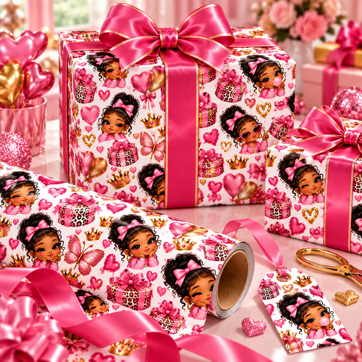 Pink Princess Wrapping Paper | Cute Bows Hearts Butterflies Gift Wrap