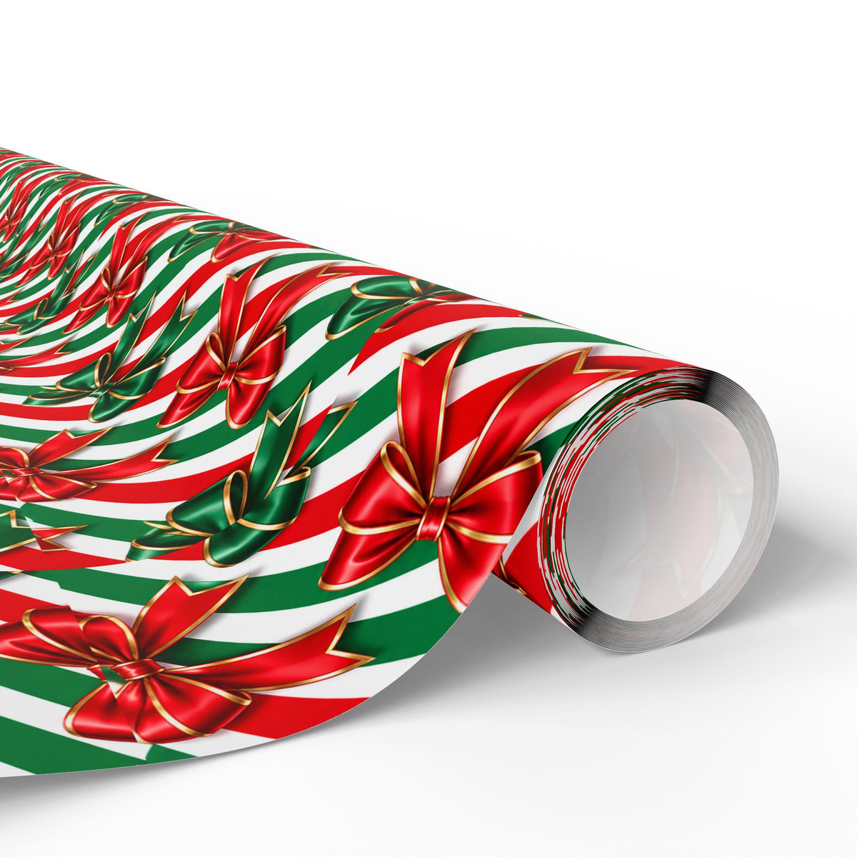 Christmas Wrapping Paper Roll | Red Green Stripes & Bows Holiday Gift Wrap
