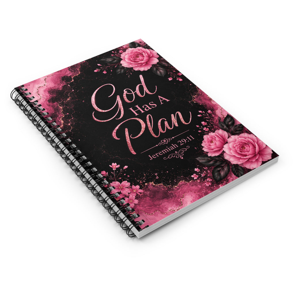 Personalized Spiral Notebook  — Christian Journal with Jeremiah 29:11 God has a plan, Floral Pink Cover