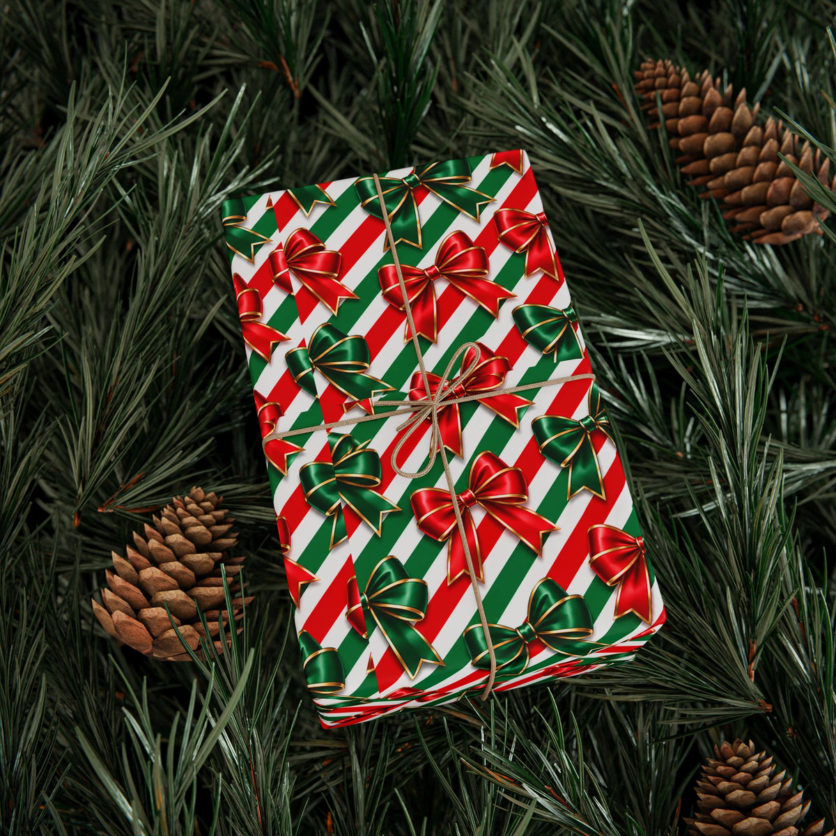 Christmas Wrapping Paper Roll | Red Green Stripes & Bows Holiday Gift Wrap