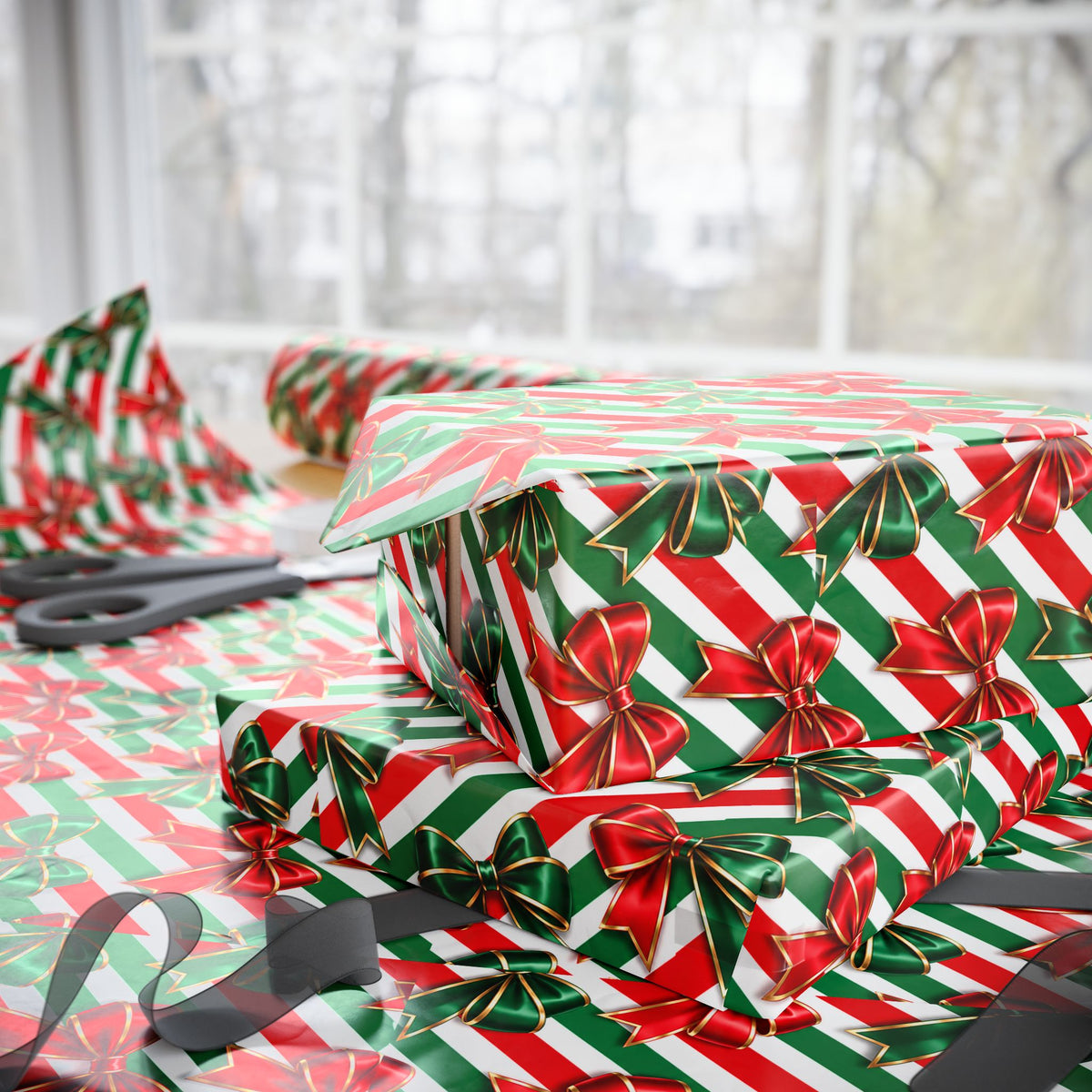 Christmas Wrapping Paper Roll | Red Green Stripes & Bows Holiday Gift Wrap
