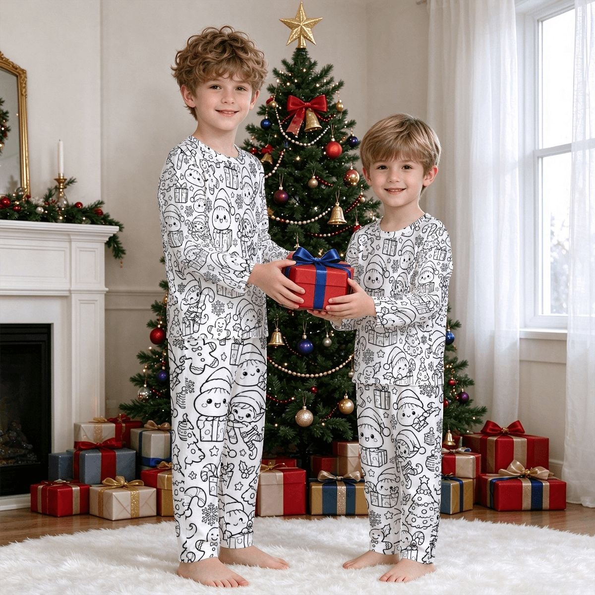 Kids Christmas Coloring Pajama Set – Cute Elf & Holiday Doodle Print, Long Sleeve Holiday PJs, Christmas Gift for Kids
