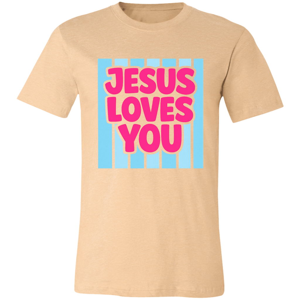 Beige t-shirt with 'Jesus Loves You' text in pink and blue on a white background