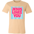 Beige t-shirt with 'Jesus Loves You' text in pink and blue on a white background