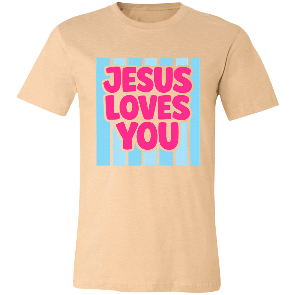 Beige t-shirt with 'Jesus Loves You' text in pink and blue on a white background