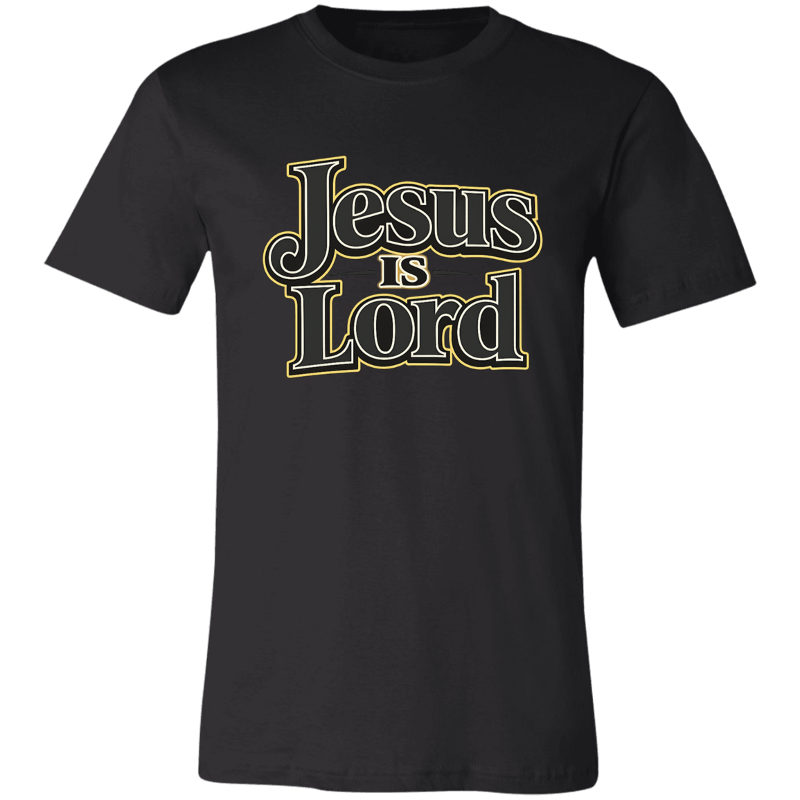 Black t-shirt with 'Jesus is Lord' text in gold on a white background