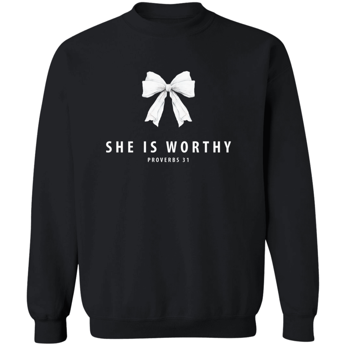 Black sweatshirt with a white bow and she is worthy Proverbs 31 scripture on a white background