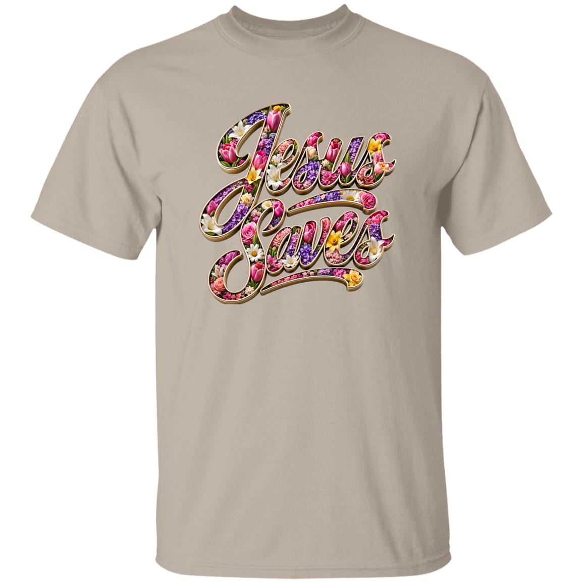Beige t-shirt with 'Jesus Loves' text in colorful floral design on a white background