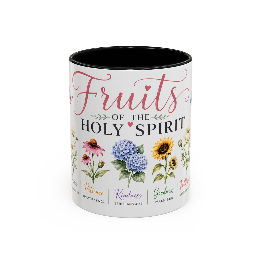 11 oz Mug with floral design and text about the fruits of the Holy Spirit on a white background