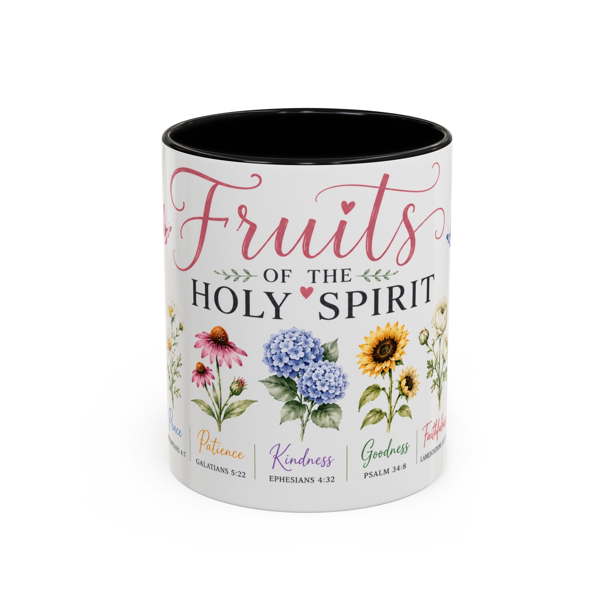 11 oz Mug with floral design and text about the fruits of the Holy Spirit on a white background