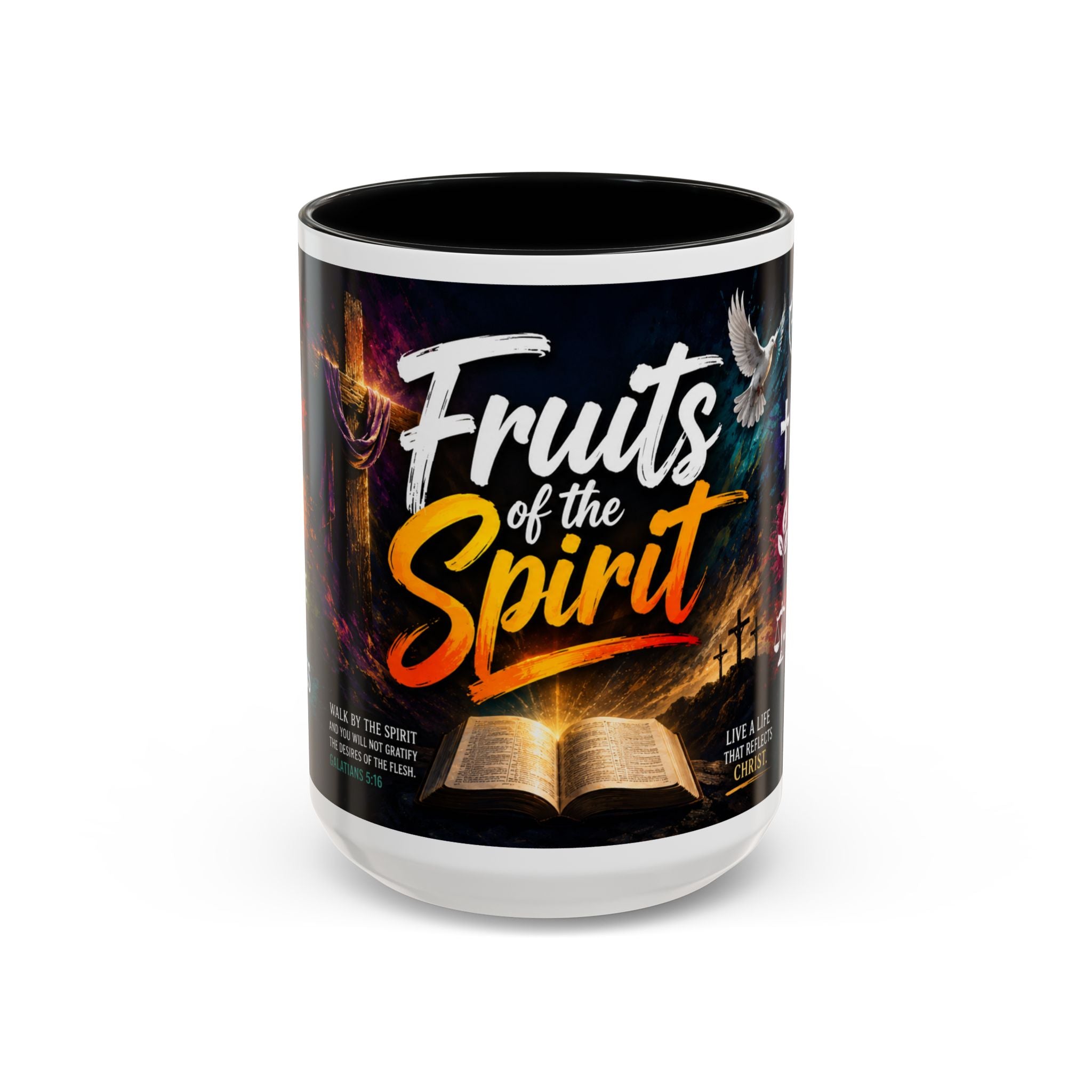 Black 15 oz Mug with 'Fruits of the Spirit' design on a white background