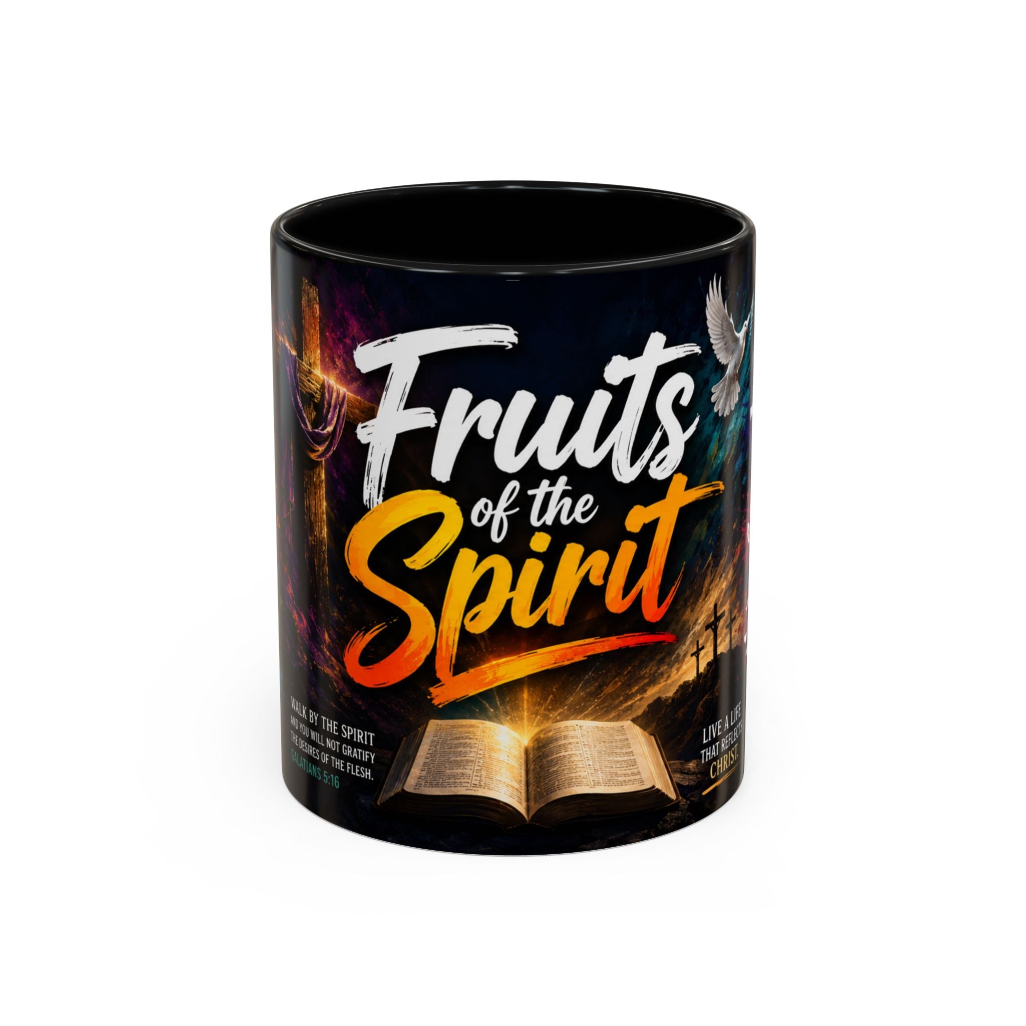 Black mug with 'Fruits of the Spirit' text and religious design on a white background