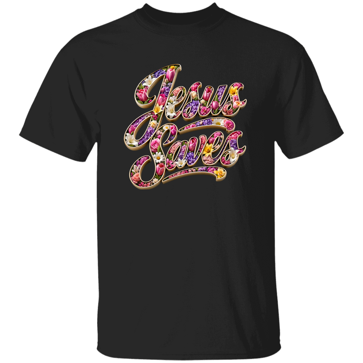 Black t-shirt with 'Jesus Lives' text in colorful rhinestone-like design on a white background
