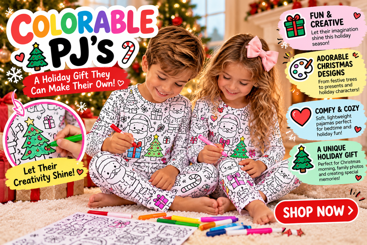 Kids Christmas Coloring Pajama Set – Cute Elf & Holiday Doodle Print, Long Sleeve Holiday PJs, Christmas Gift for Kids