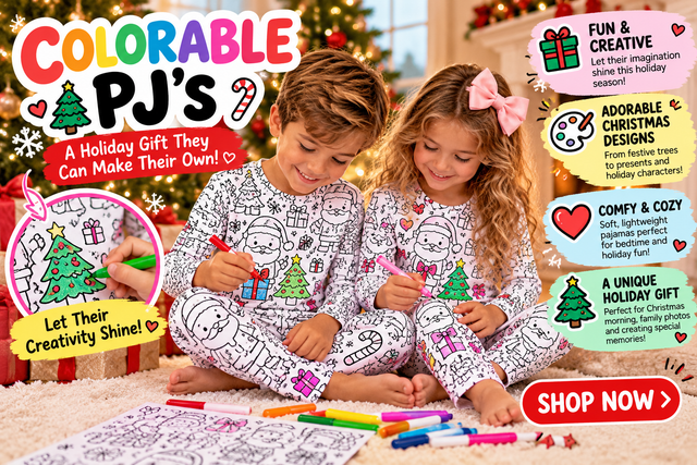 Kids Christmas Coloring Pajama Set – Cute Elf & Holiday Doodle Print, Long Sleeve Holiday PJs, Christmas Gift for Kids