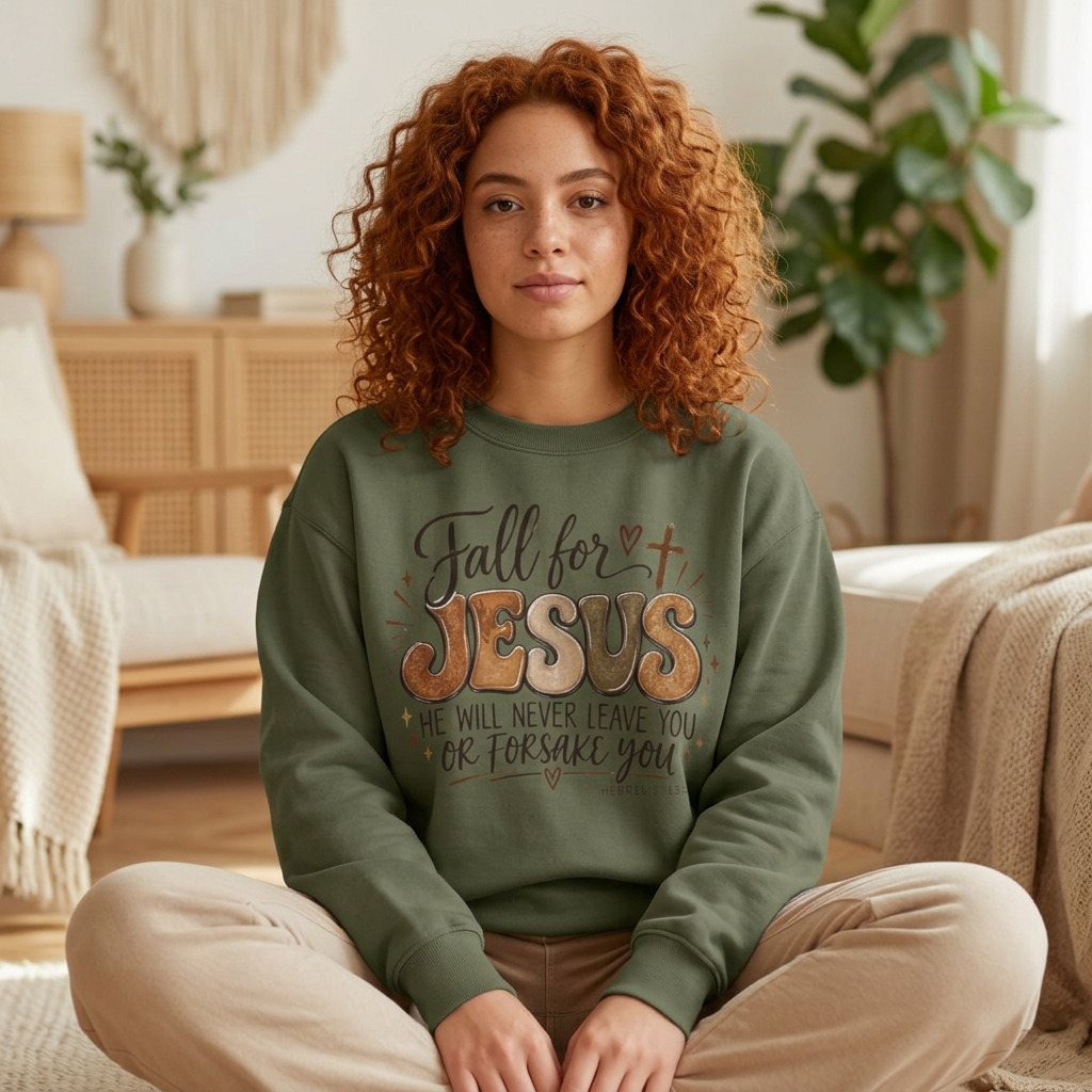 A woman with curly red hair sits cross-legged on a floor in a cozy, warmly lit living room. She is wearing an olive green crewneck sweatshirt with a graphic that reads 'Fall for JESUS' in a rustic, textured font, with 'JESUS' highlighted in a warm orange-brown tone.