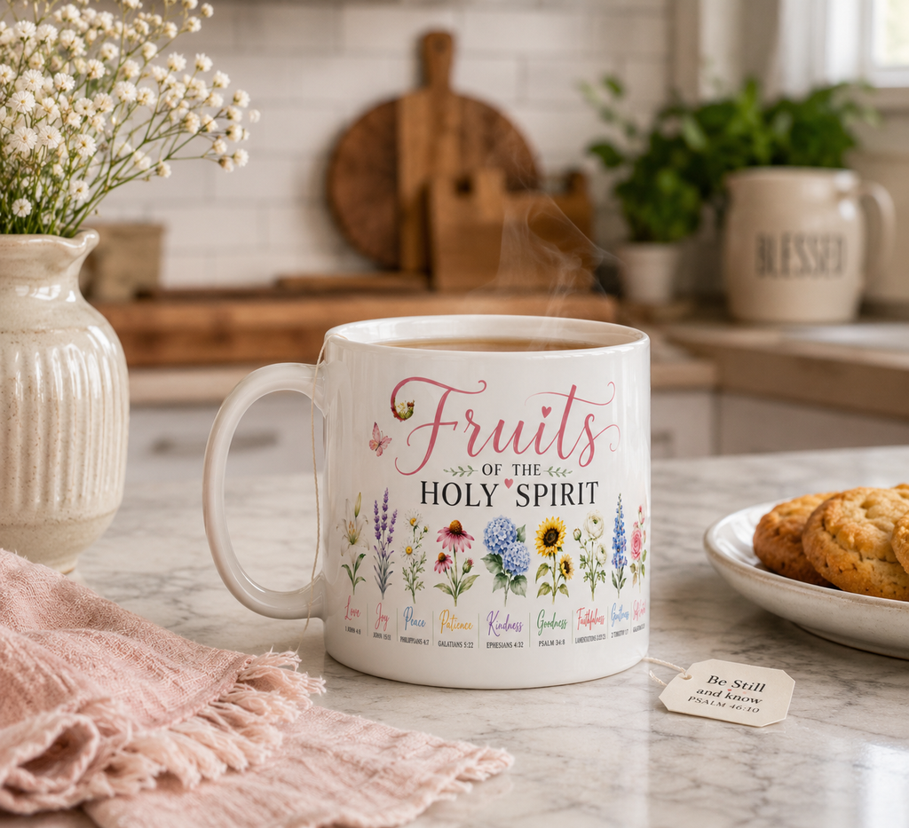 Mug with 'Fruits of the Holy Spirit' design on a kitchen counter with cookies and flowers.