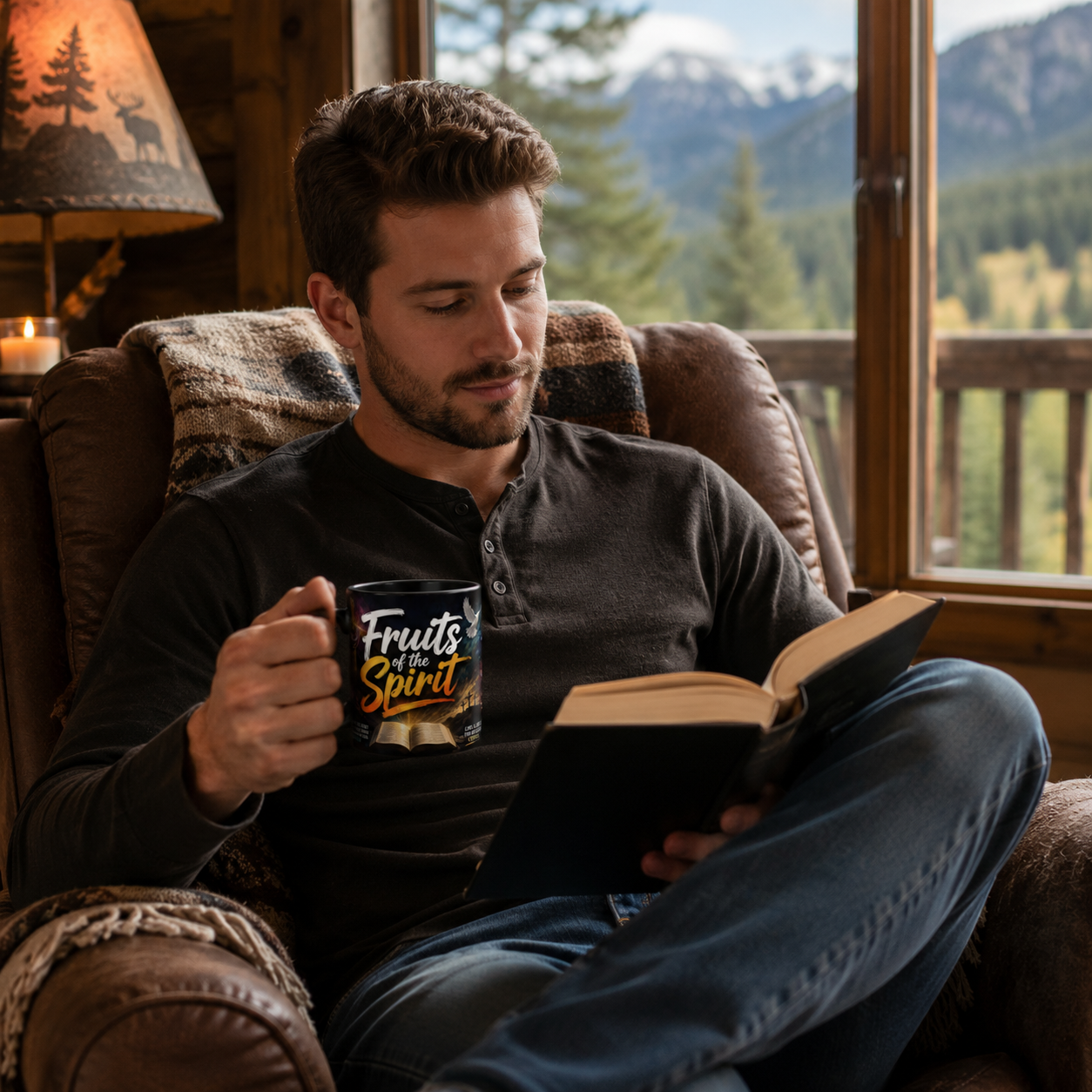Man reading a book and holding a mug in a cozy room with a mountain view.