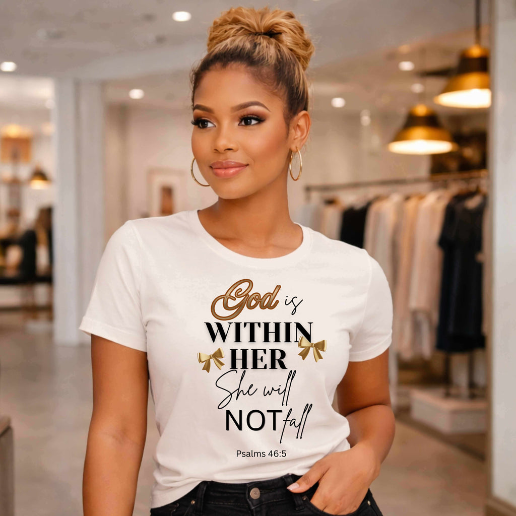 Woman wearing a white t-shirt with a quote God is within her she will not fall  in a clothing store.