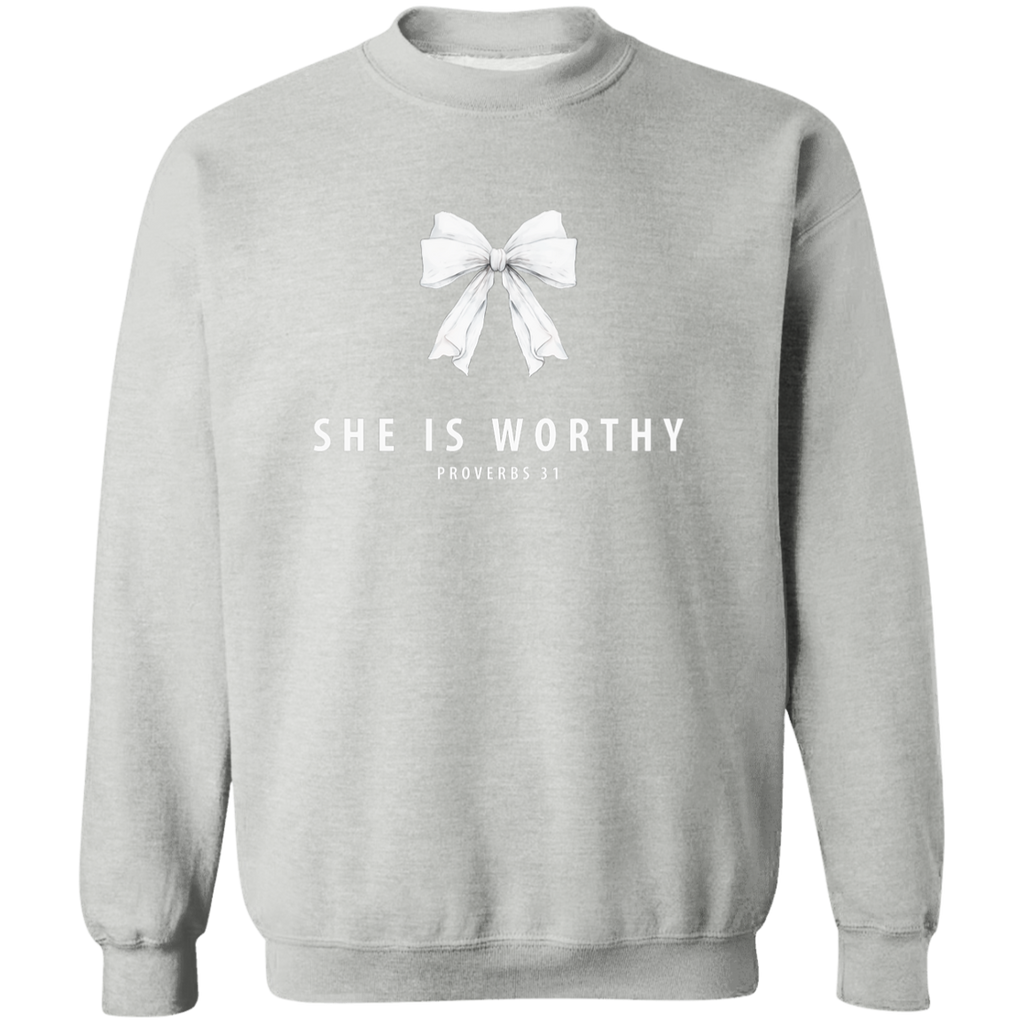 Gray sweatshirt with a white bow and she is worthy Proverbs 31 scripture on a white background