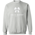 Gray sweatshirt with a white bow and she is worthy Proverbs 31 scripture on a white background