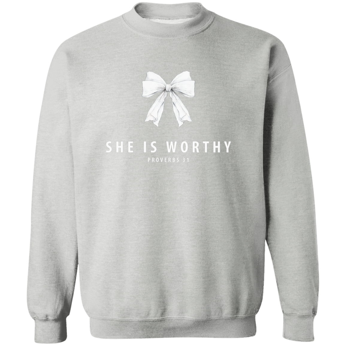 Gray sweatshirt with a white bow and she is worthy Proverbs 31 scripture on a white background