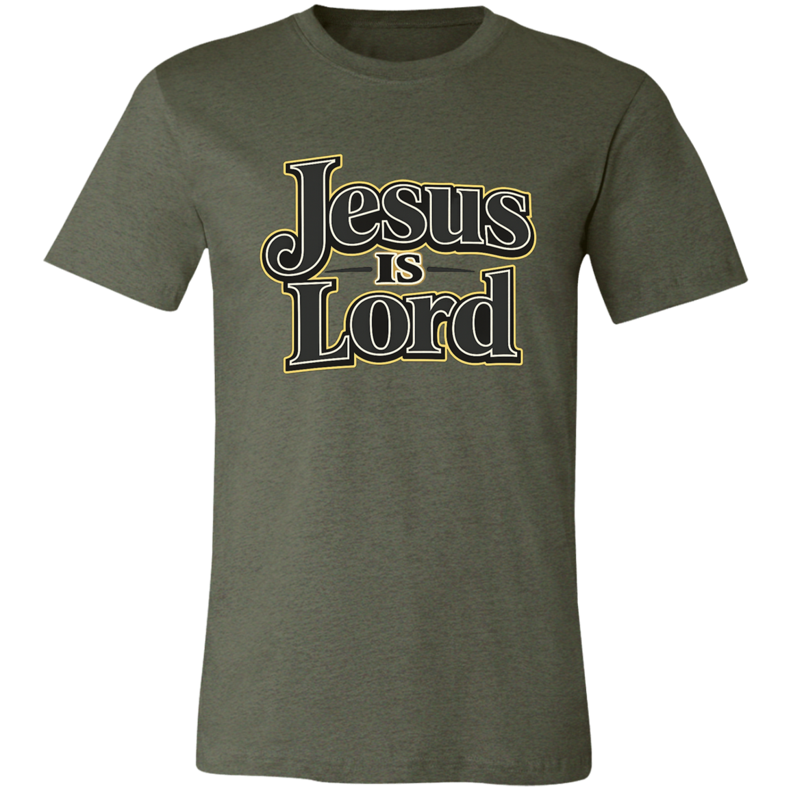 Green t-shirt with 'Jesus is Lord' text on a white background