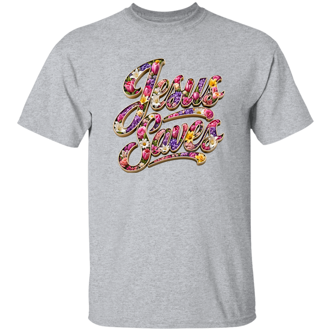 Gray t-shirt with colorful 'Jesus Loves' text design on a white background