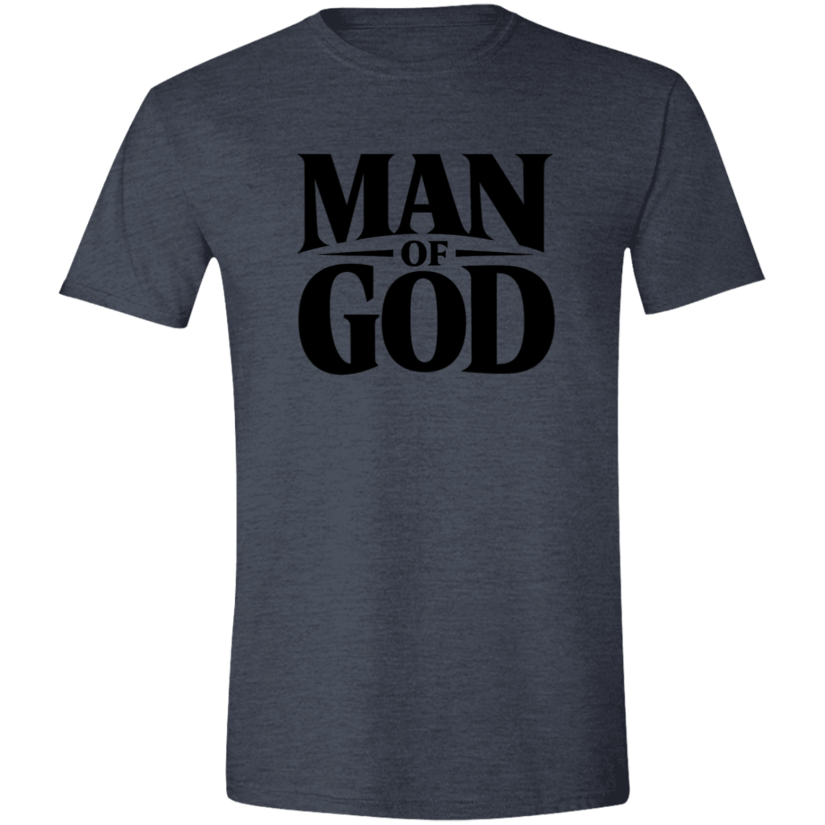 Heather Navy t-shirt with 'Man of God' text on a white background