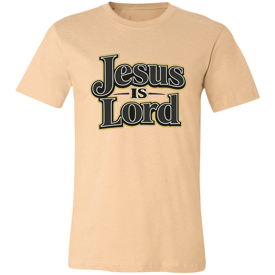 Heather Sand Dune t-shirt with 'Jesus is Lord' text on a white background