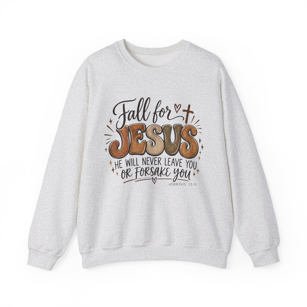 A light heather gray crewneck sweatshirt featuring a graphic print on the front with the text 'Fall for JESUS' in brown and gold tones, accompanied by a cross and scripture reference John 8:32.