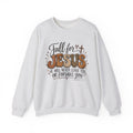 A light heather gray crewneck sweatshirt featuring a graphic print on the front with the text 'Fall for JESUS' in brown and gold tones, accompanied by a cross and scripture reference John 8:32.